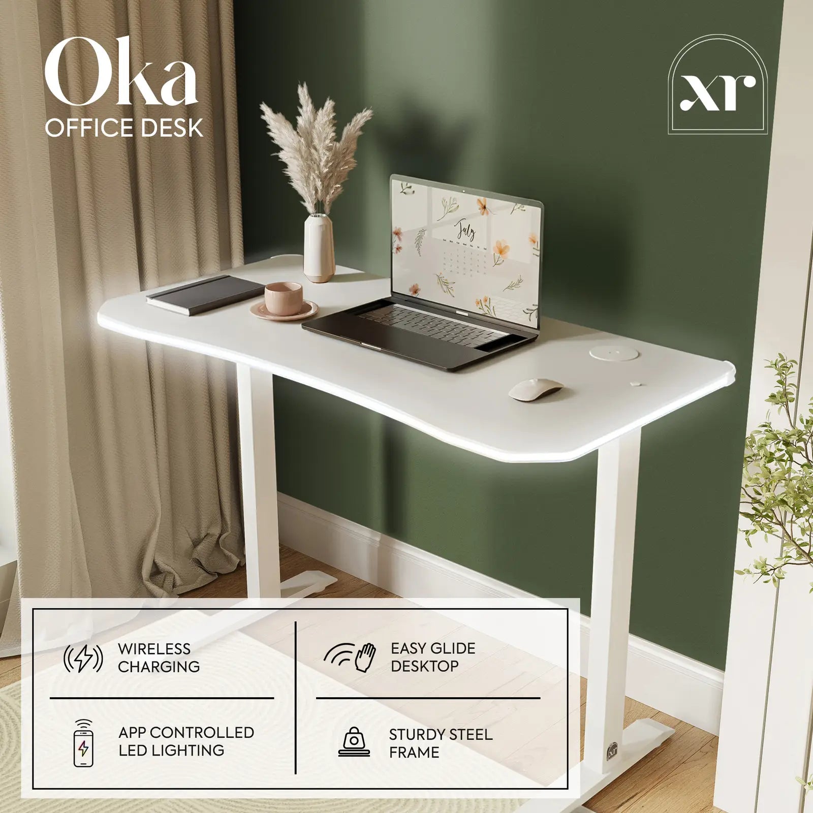 Oka LED Office Desk with Wireless Charging - White (2 Sizes)