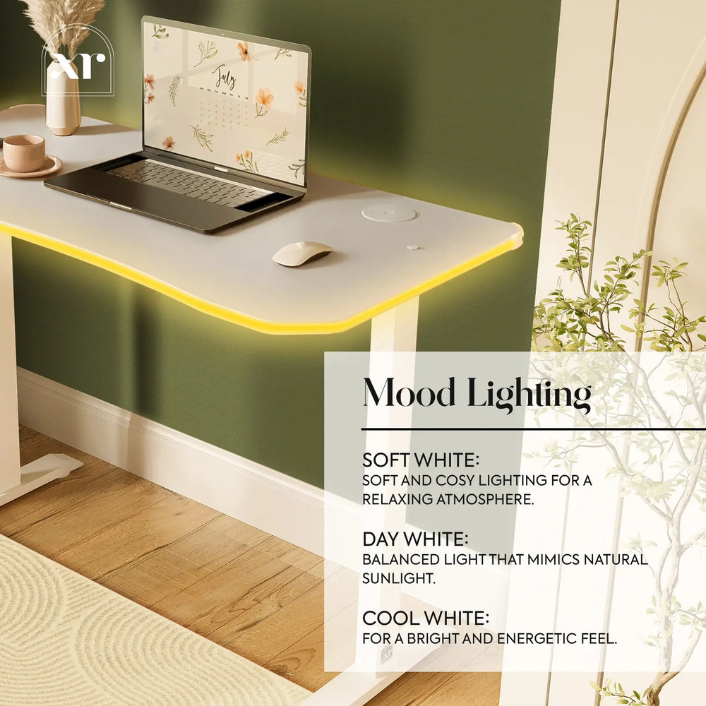 Oka Office Desk with LED Lighting & Charging - White | XR Living
