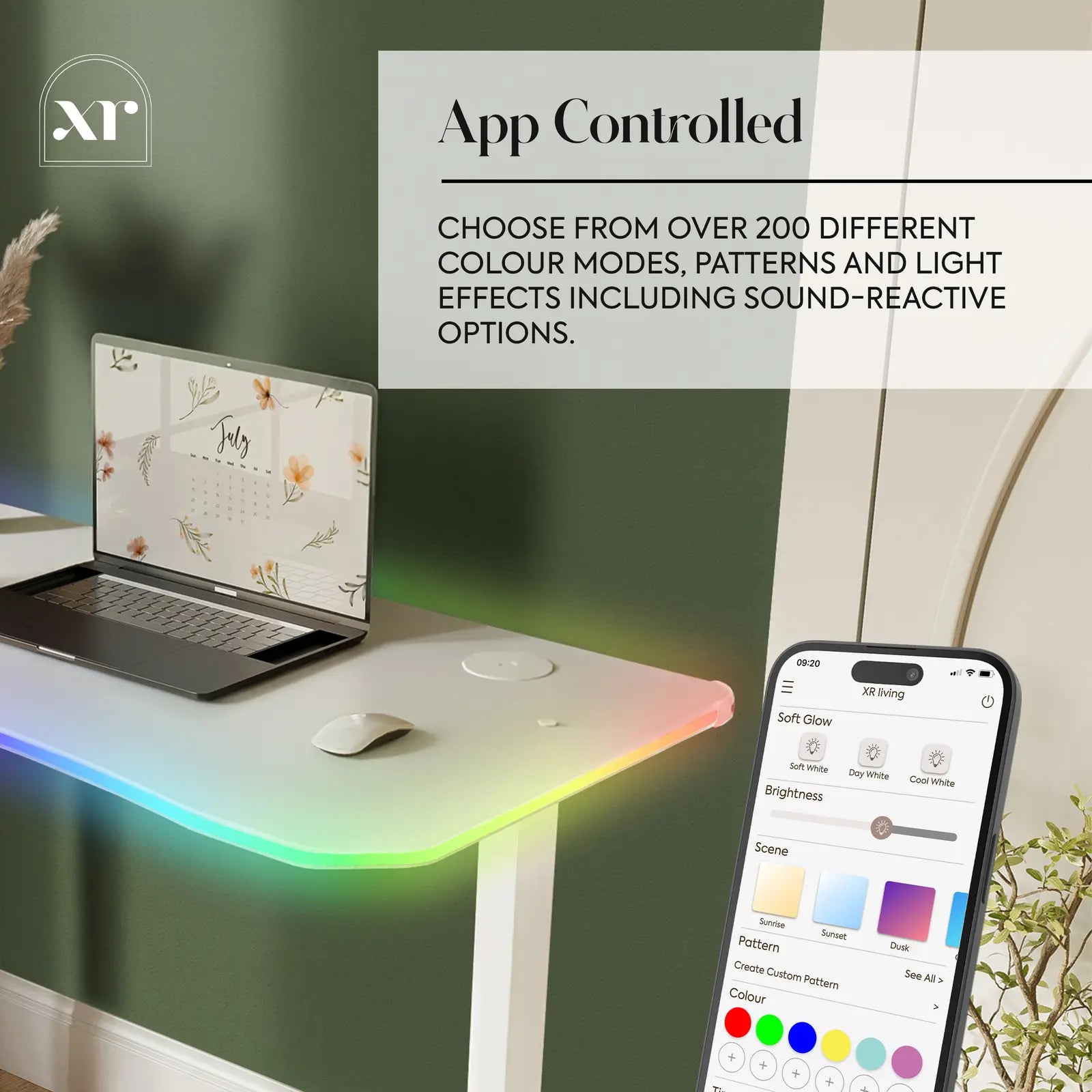 Laptop on a desk with RGB lighting, smartphone app for color mode control, and XR Living logo.