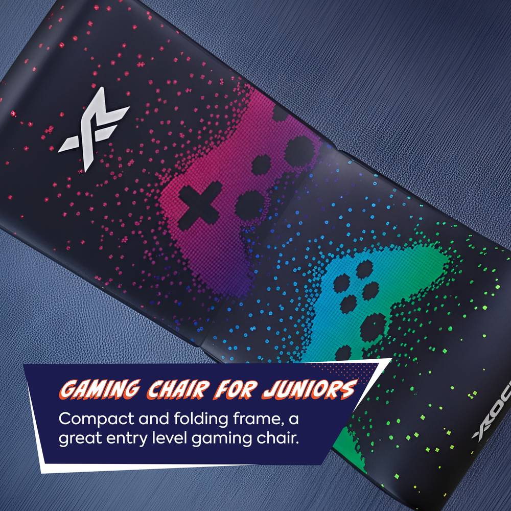 Gaming chair for juniors with colorful design and text on a blue background