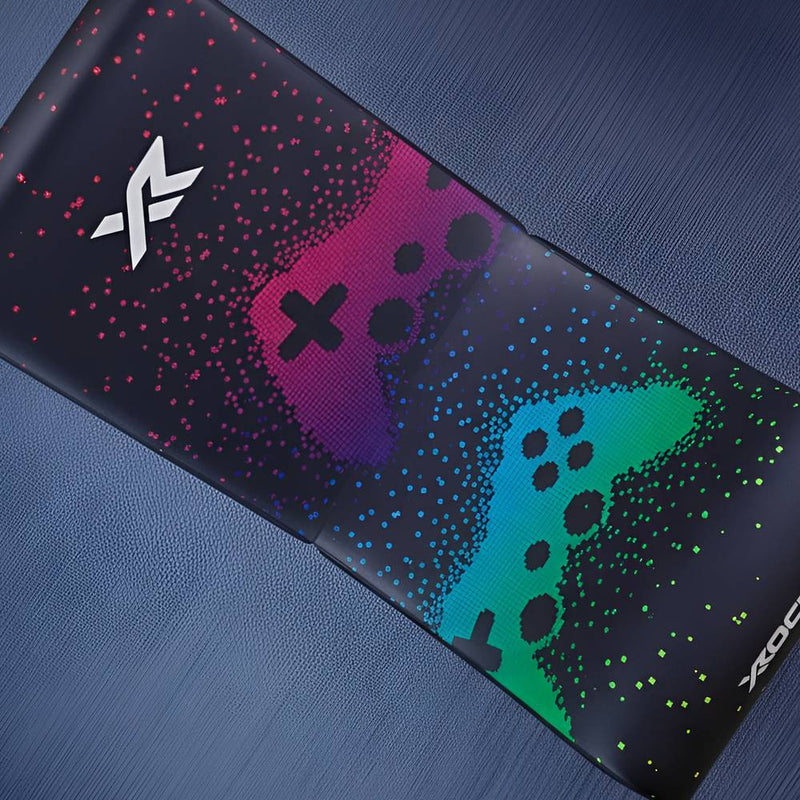 Gaming mouse chair with colorful design and X Rocker logo on a blue background
