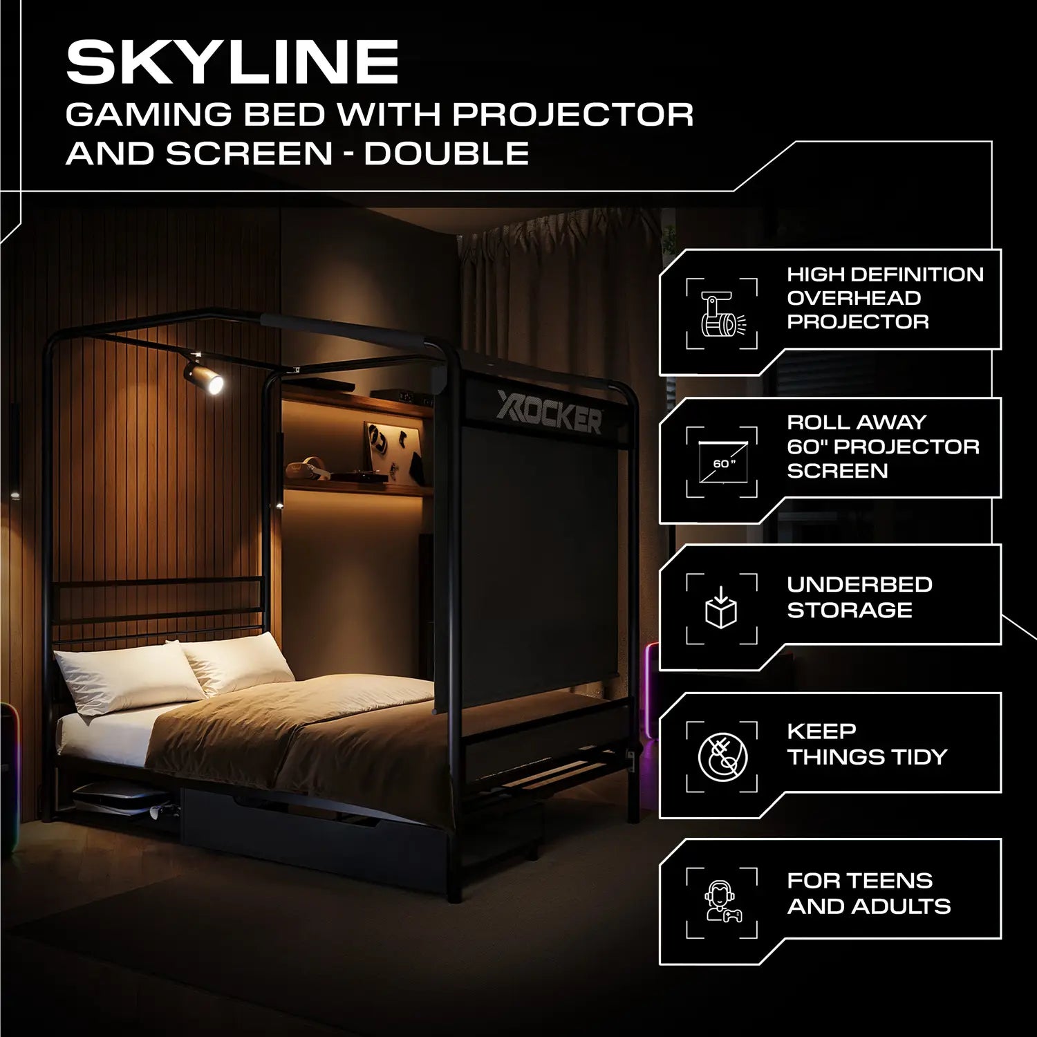 Gaming bed with projector and screen labeled 'Skyline' in a dark room.