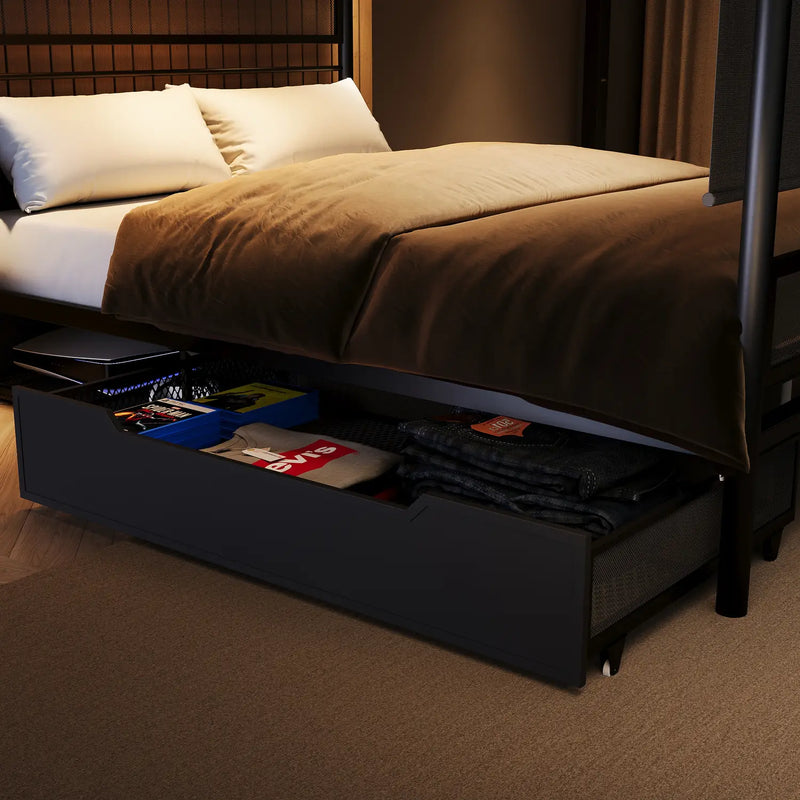 Bed with open storage drawers underneath, showing clothes and books.
