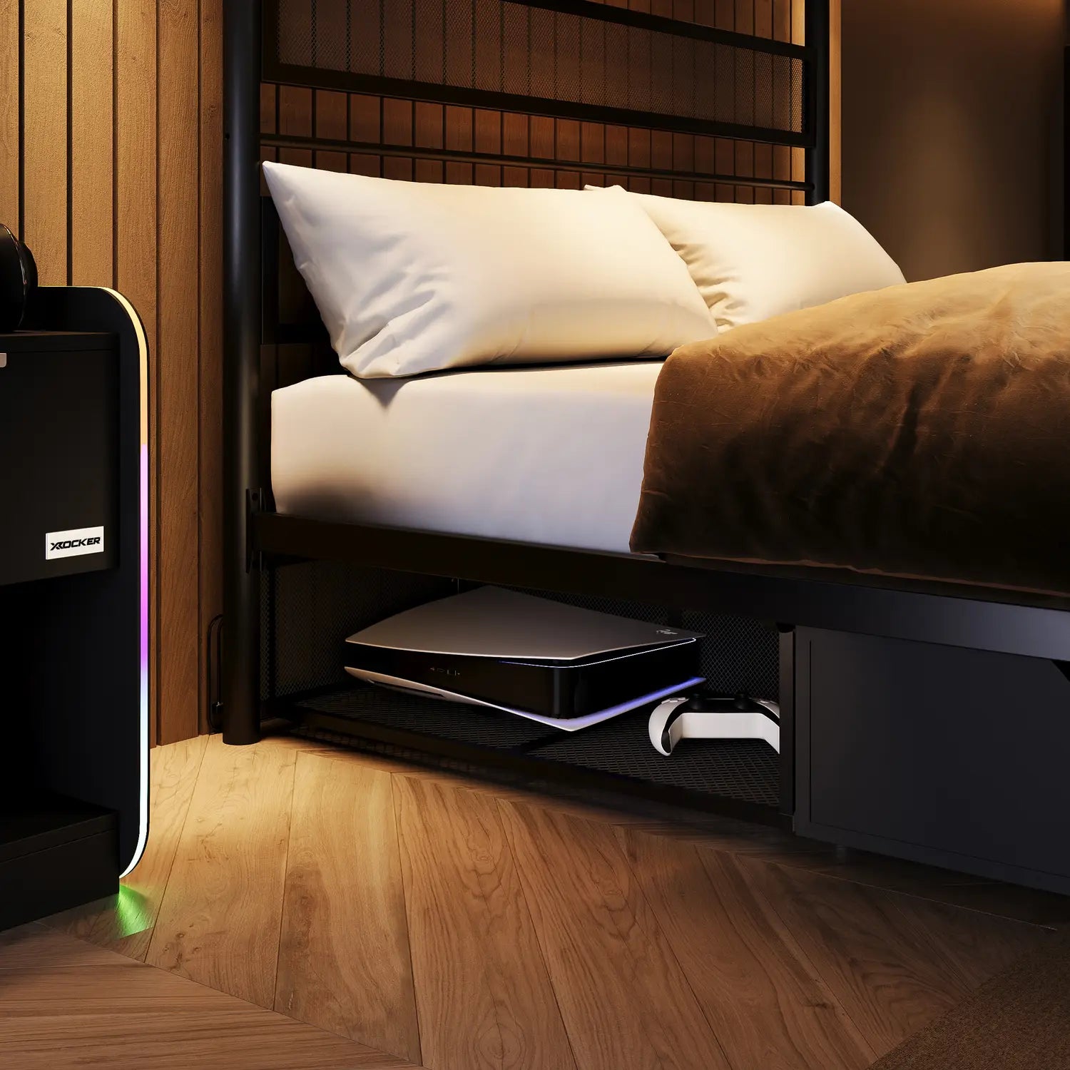 Bedroom with a bed and a black storage tray on a wooden floor.