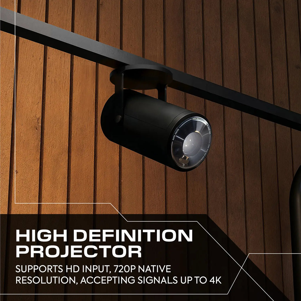 High definition projector mounted on the bed frame with text highlighting features.
