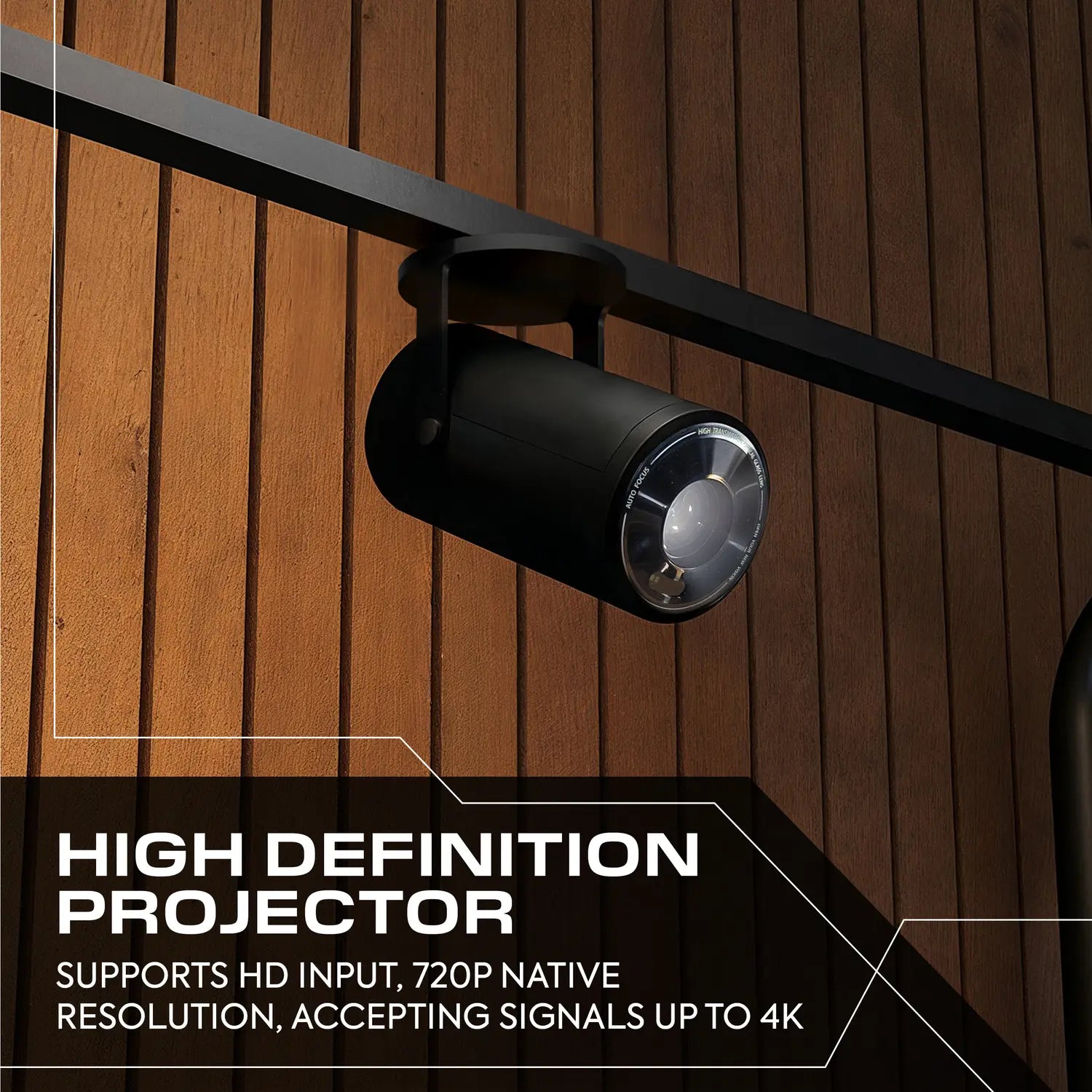 High definition projector mounted on the bed frame with text highlighting features.