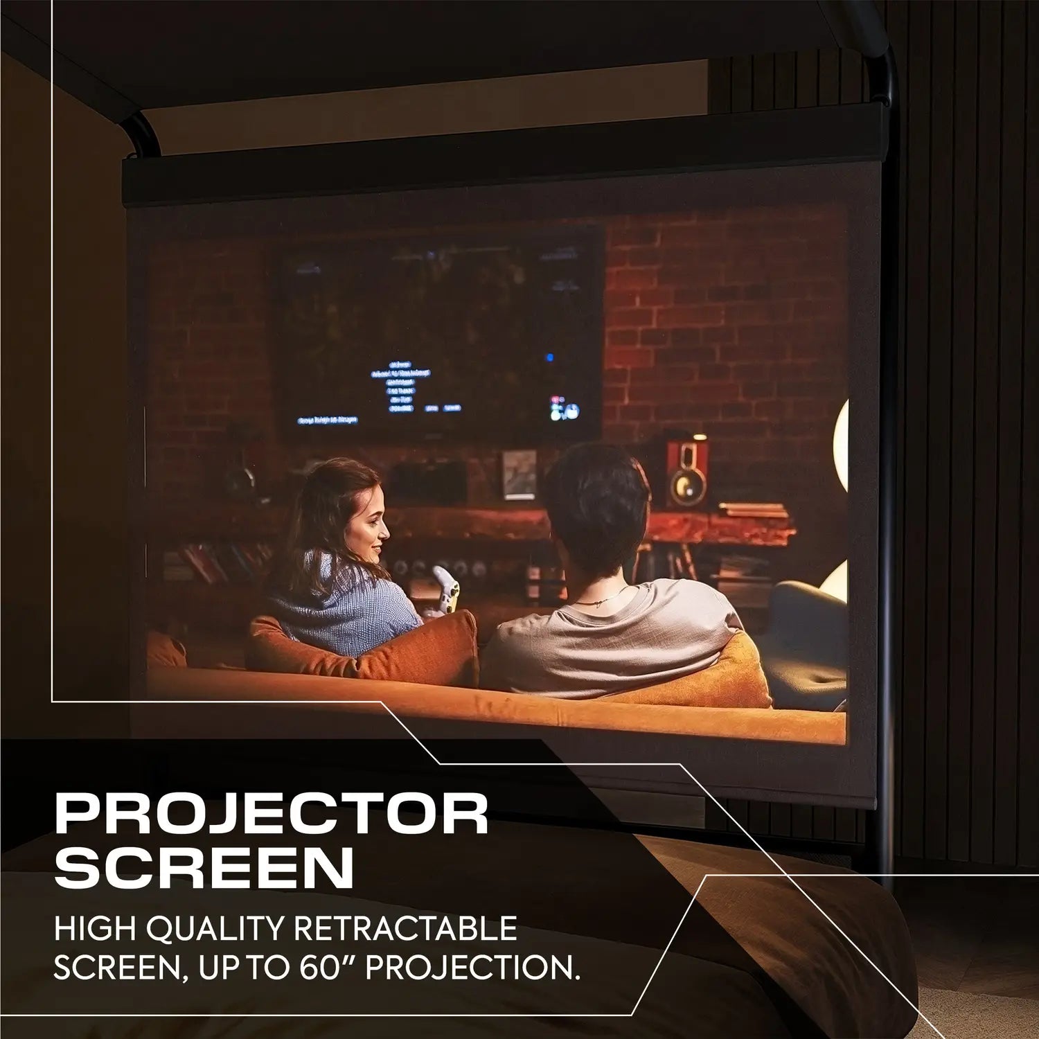 Retractable projector screen in use with a couple watching TV in a cozy room.