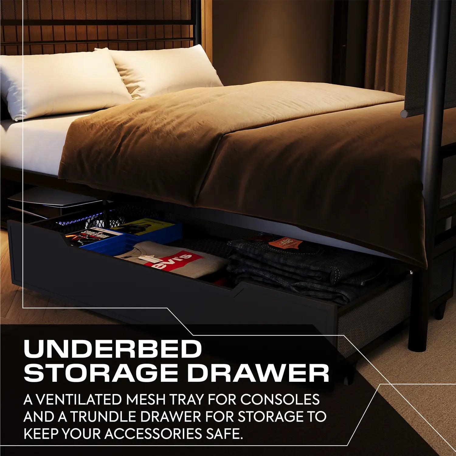 Underbed storage drawer with ventilated mesh tray and trundle drawer in a bedroom setting.