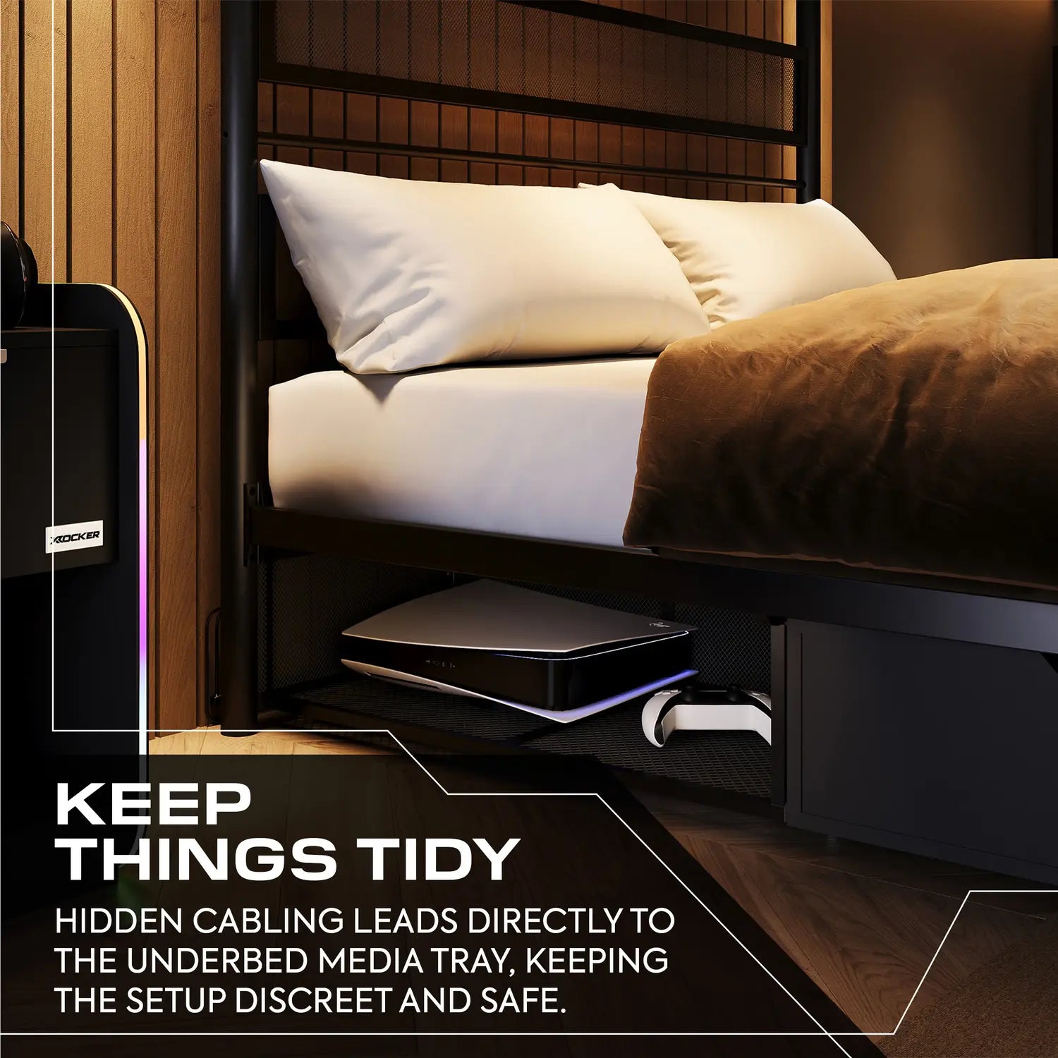Bedroom setup with a bed and underbed media tray, featuring a hidden cabling system.