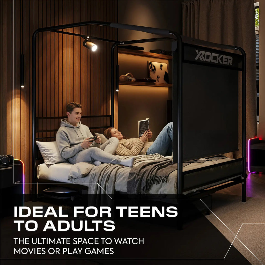 Modern bedroom setup with a X rocker gaming bed, people lounging on it, and text highlighting its suitability for teens and adults.