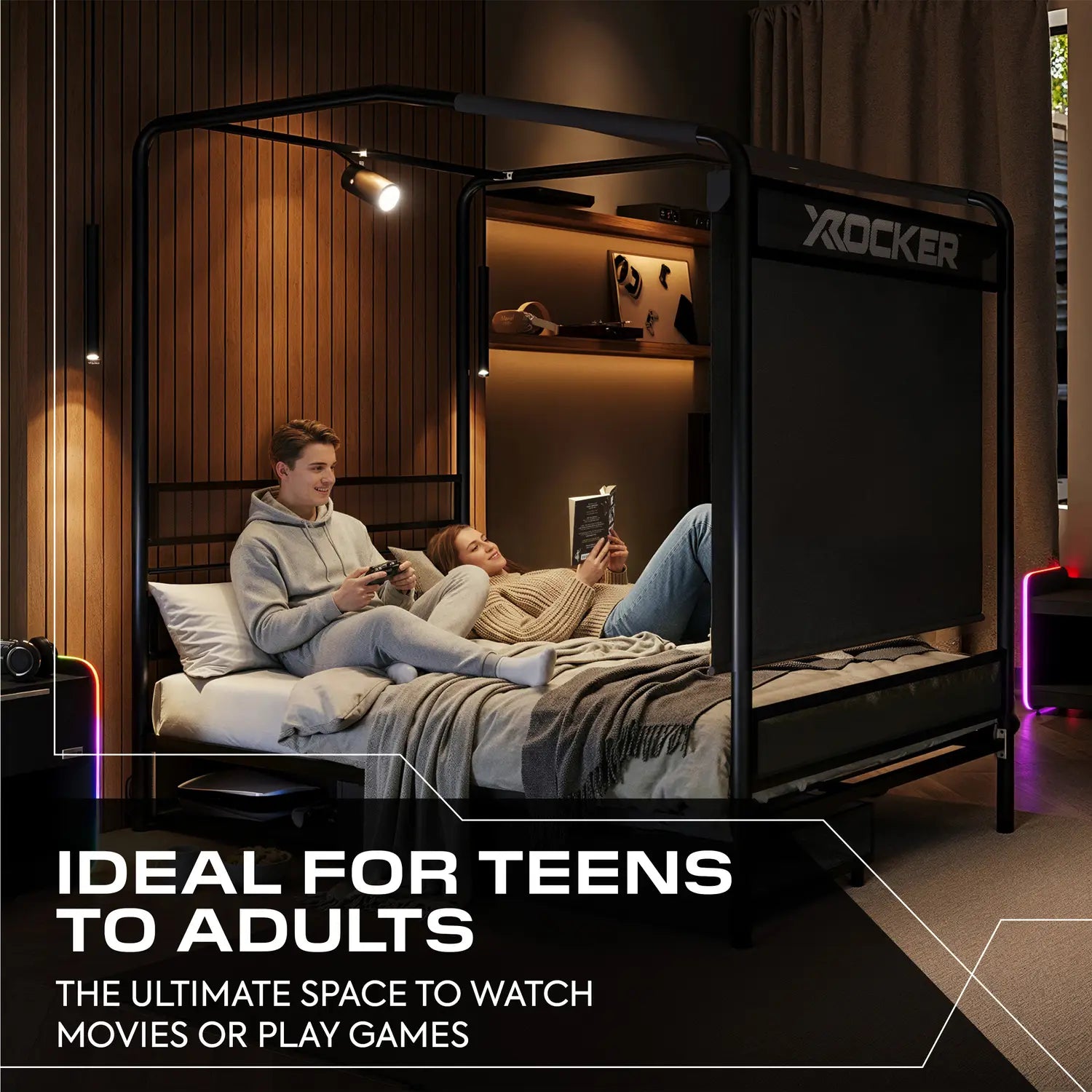Modern bedroom setup with a X rocker gaming bed, people lounging on it, and text highlighting its suitability for teens and adults.