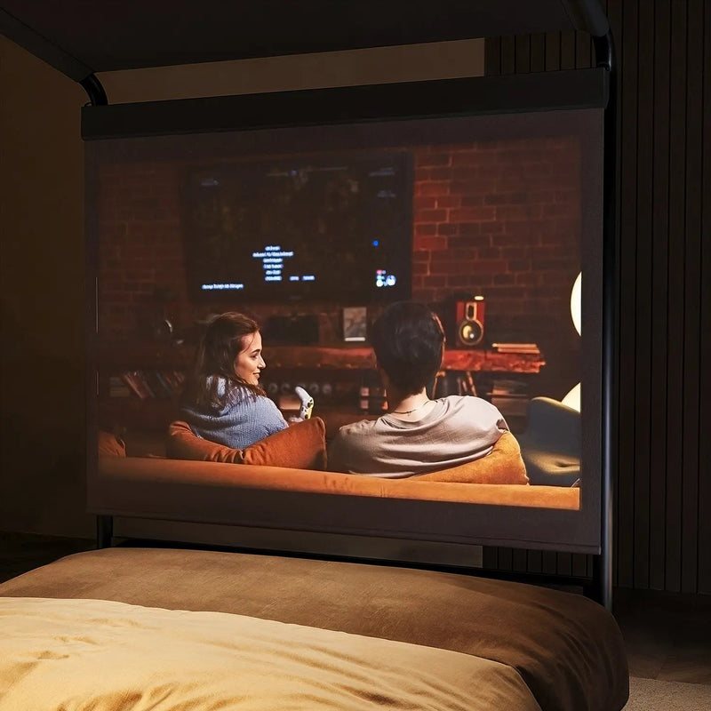Large projector screen showcasing a movie or tv show.