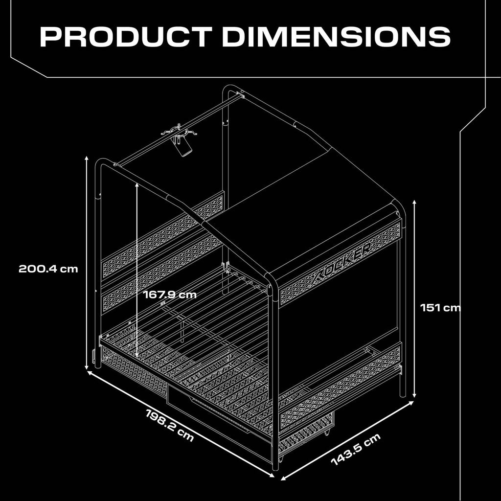 Diagram showing dimensions of the Skyline Projector Bed on a black background, showing 200.4cm height, 198.2cm length and 143.cm width.