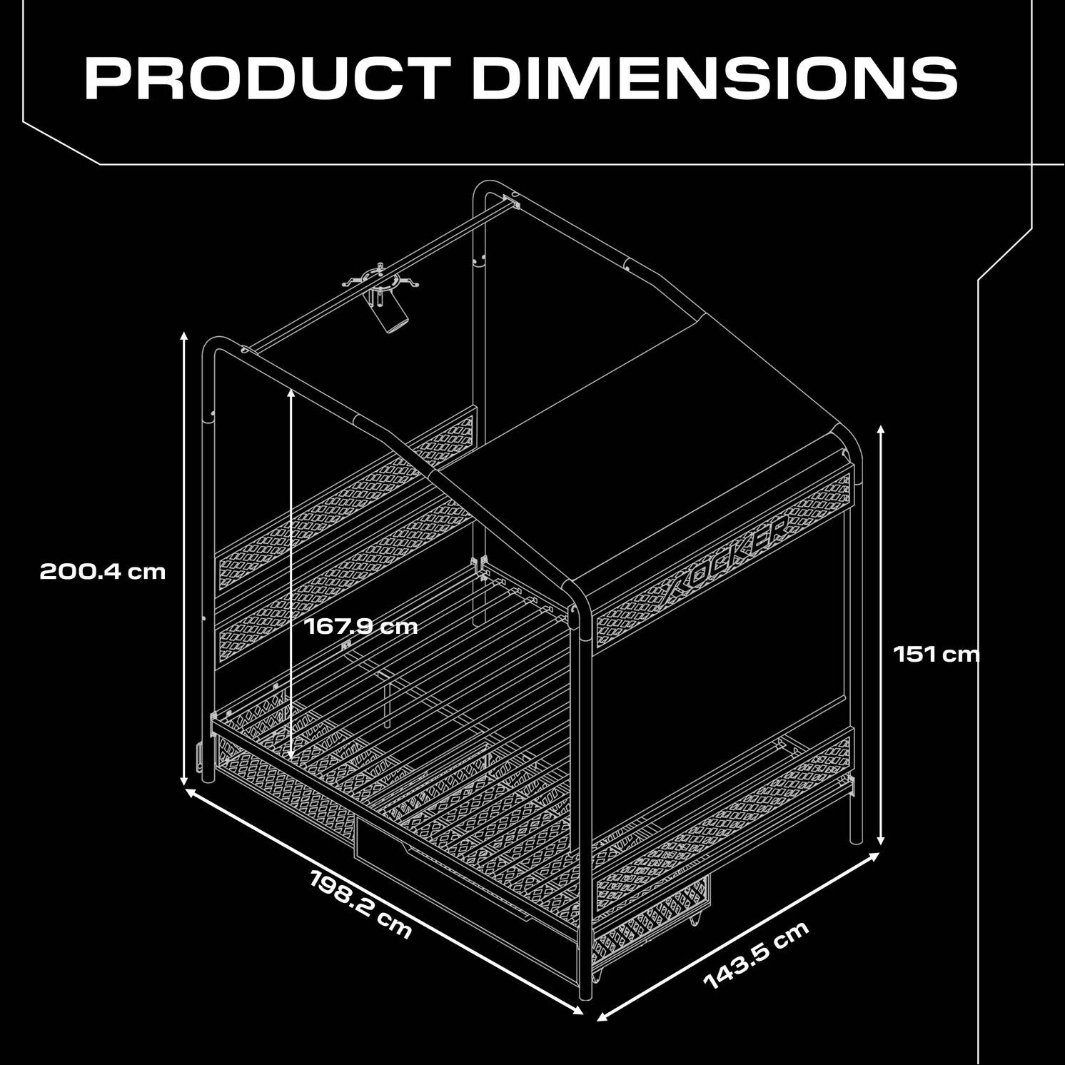 Diagram showing dimensions of the Skyline Projector Bed on a black background, showing 200.4cm height, 198.2cm length and 143.cm width.