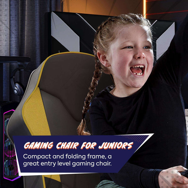 Child sitting on a gaming chair with text about the chair's features.