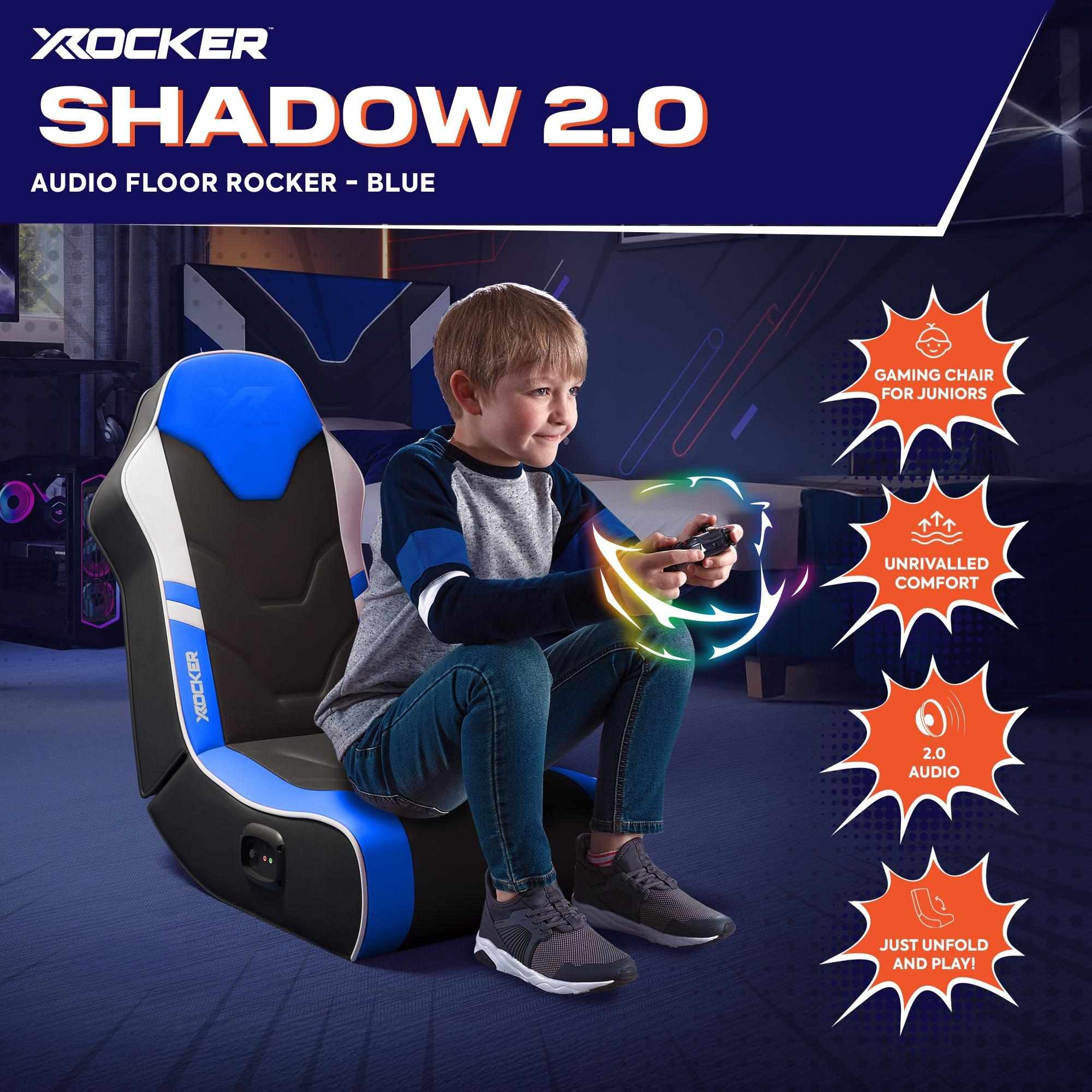 X rocker Shadow 2.0 gaming chair with a child sitting on it, surrounded by promotional text.