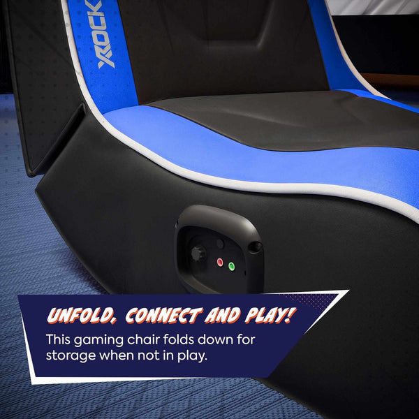 Gaming chair with blue and black design, featuring a brand logo and text about folding and connecting.