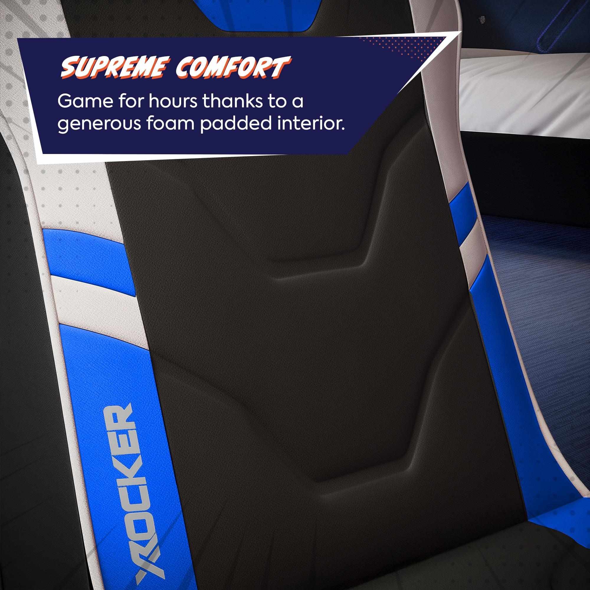 Ergonomic gaming chair with 'X rocker' branding, highlighting supreme comfort feature.