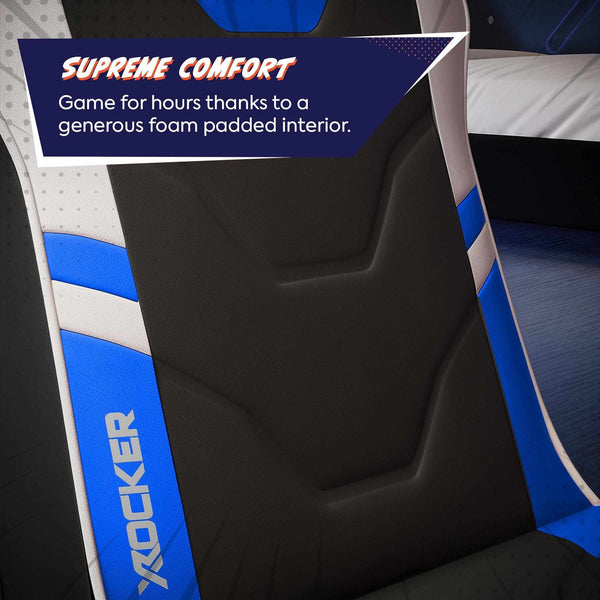 Ergonomic gaming chair with 'X rocker' branding, highlighting supreme comfort feature.
