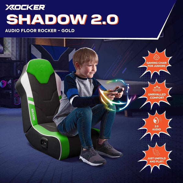 X rocker Shadow 2.0 gaming chair with a child sitting on it, featuring text highlighting features.