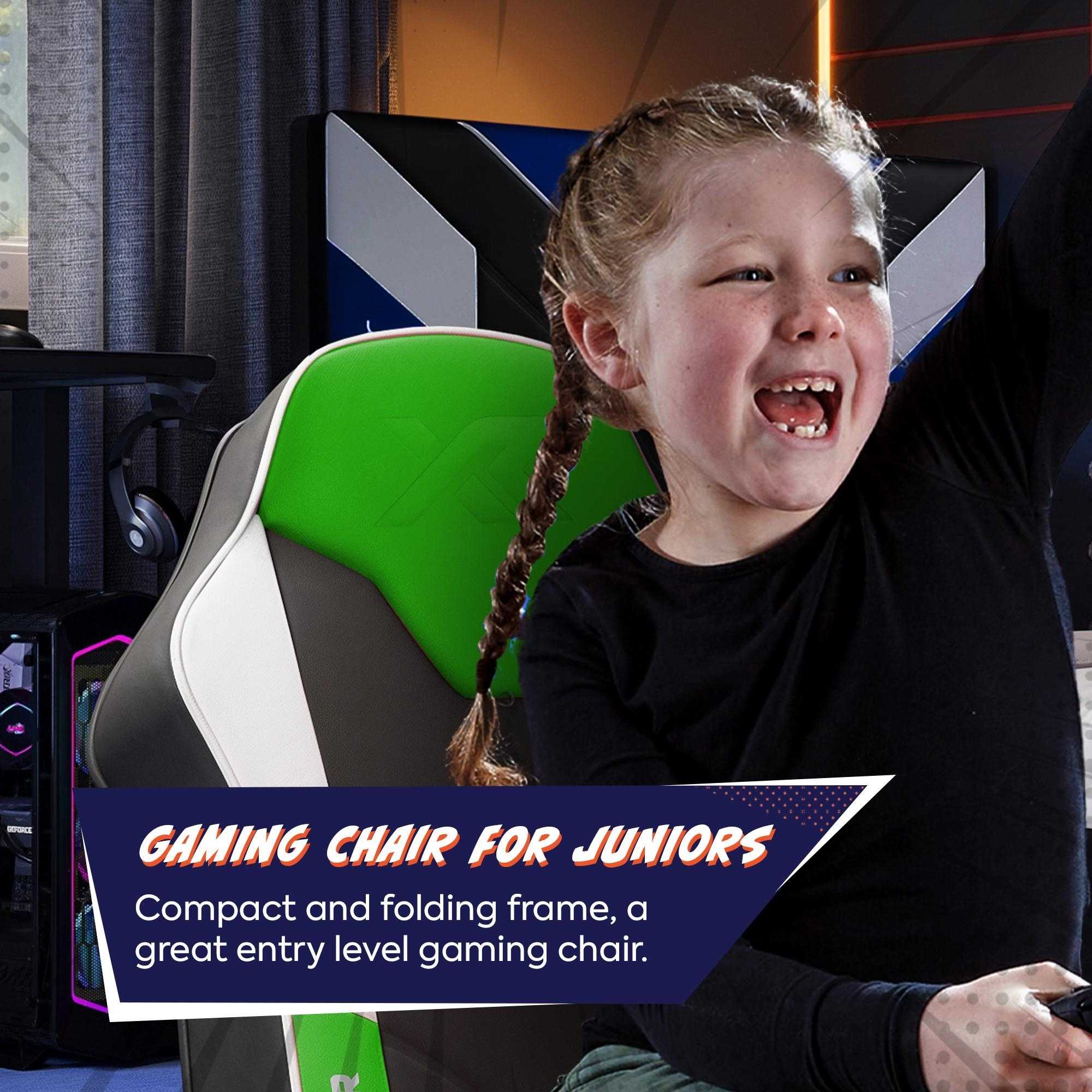 Child sitting in a gaming chair with promotional text about the chair's features.