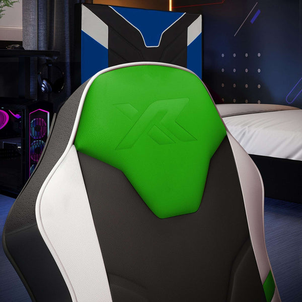 Gaming chair with green XR logo on the backrest in a room setting.