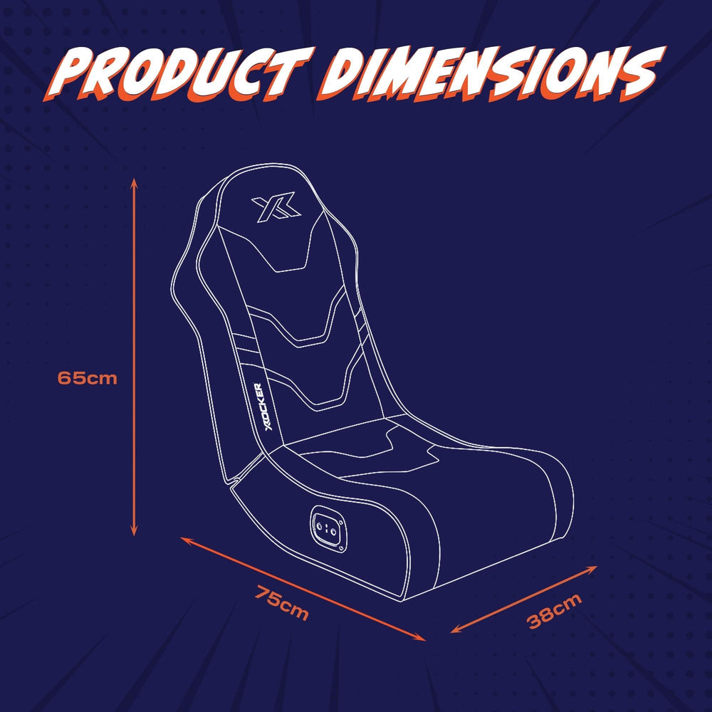 Outline of a gaming chair with dimensions on a blue background