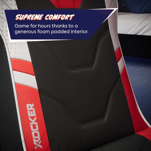 Close-up of a gaming chair seat with 'X rocker' branding and text about supreme comfort.