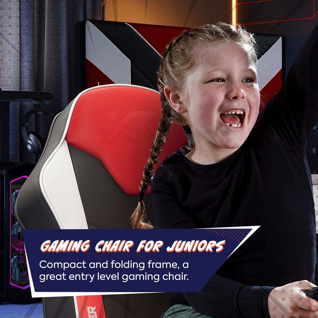 Child sitting on a gaming chair with text about the chair's features.
