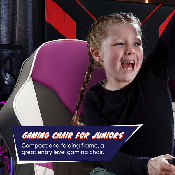 Child sitting on a gaming chair with promotional text about the chair's features.
