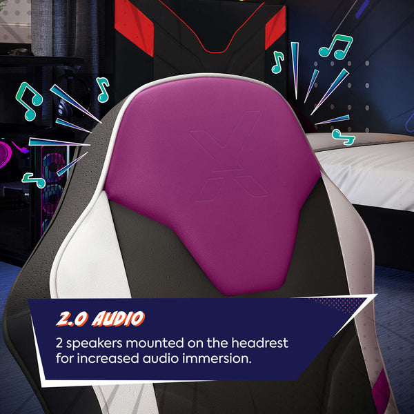 Gaming chair with purple headrest and 2.0 audio feature highlighted