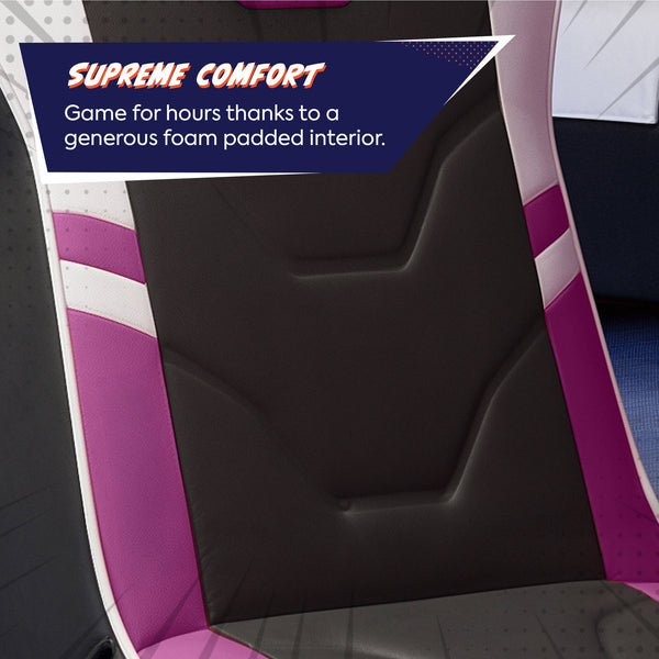 Close-up of a gaming chair seat with text highlighting supreme comfort.