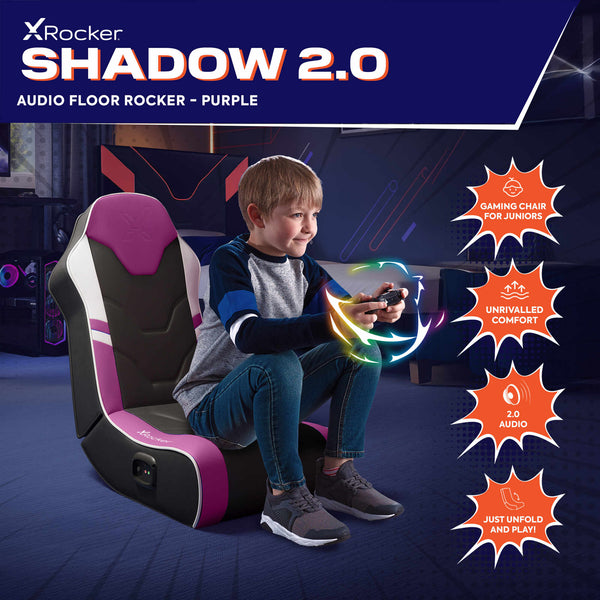 Child sitting on a purple gaming chair with X rocker Shadow 2.0 branding