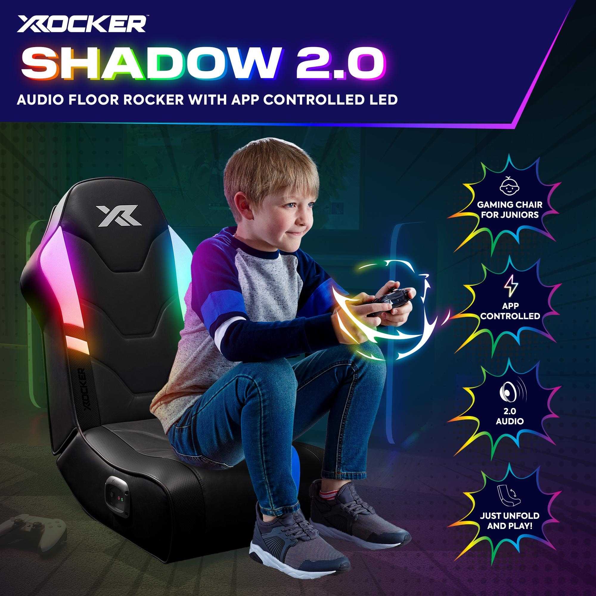 Gaming chair with app-controlled LED lights, child sitting on it, X rocker branding visible