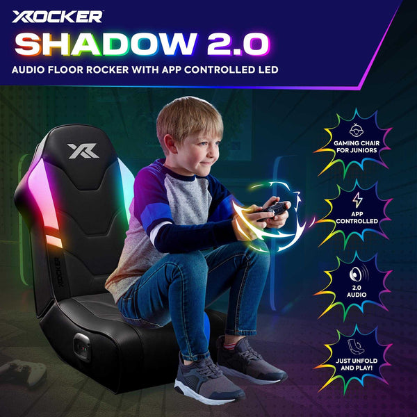 Gaming chair with app-controlled LED lights, child sitting on it, X rocker branding visible