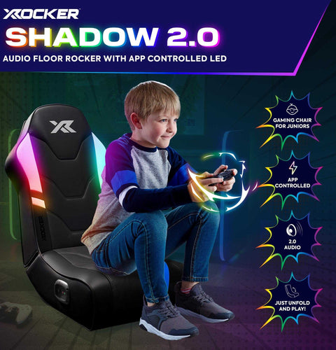 Gaming chair with app-controlled LED lights, child sitting on it, X rocker branding visible