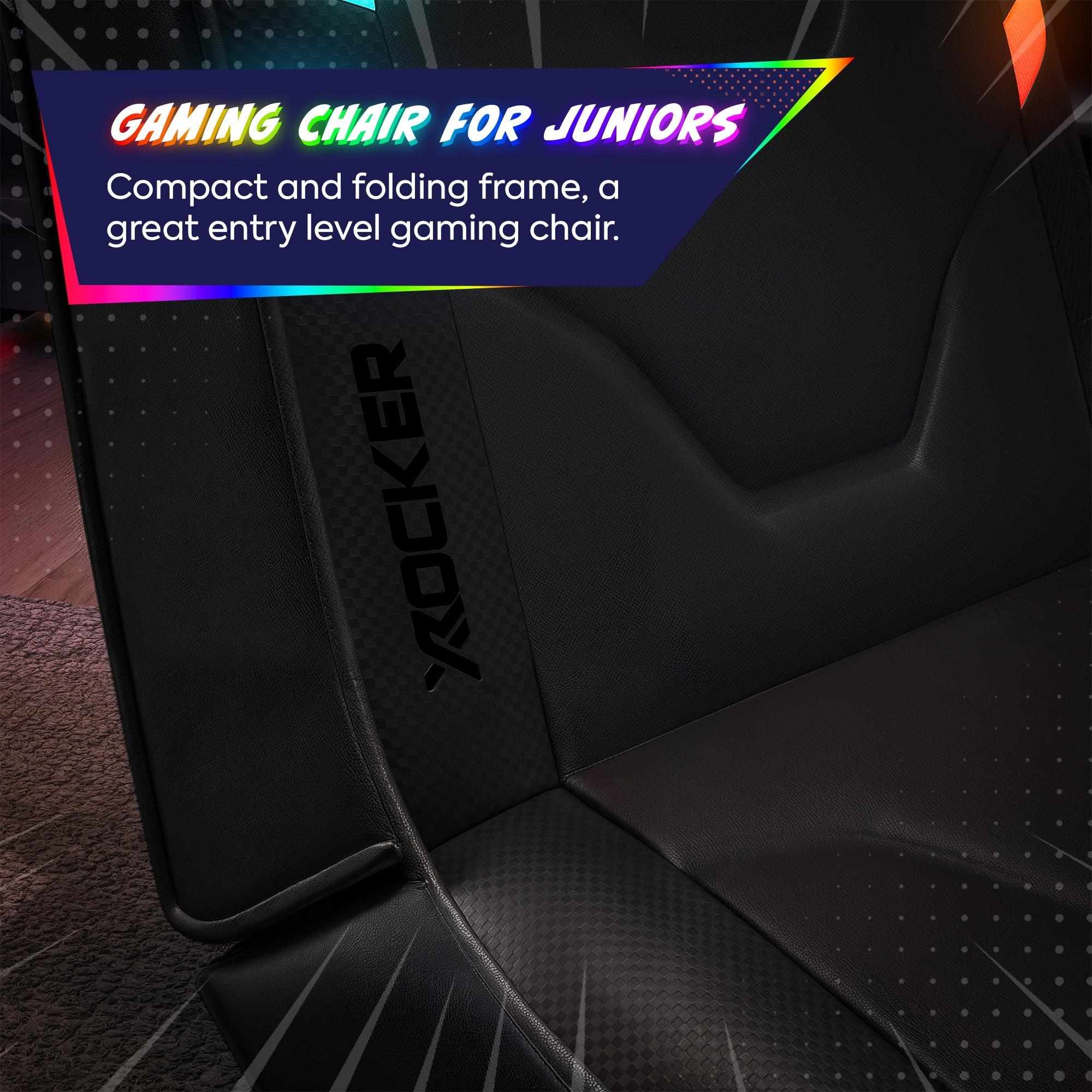 Gaming chair for juniors with 'X ROCKER' branding on a dark background