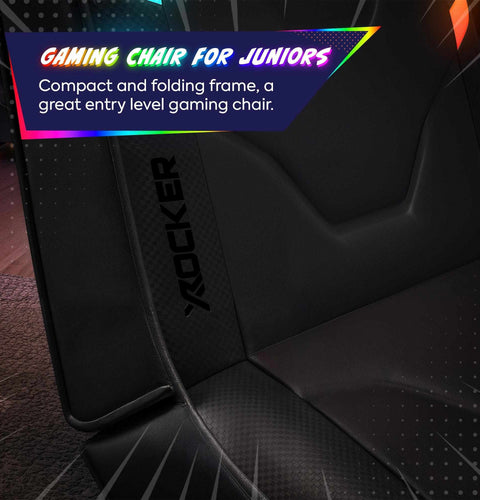 Gaming chair for juniors with 'X ROCKER' branding on a dark background