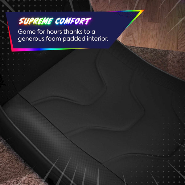 Gaming chair seat with 'Supreme Comfort' text on a dark background