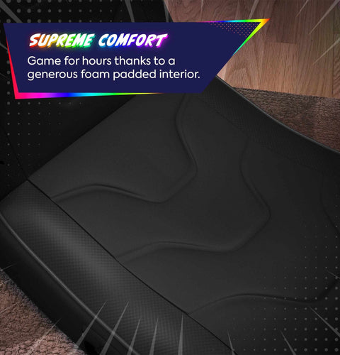 Gaming chair seat with 'Supreme Comfort' text on a dark background