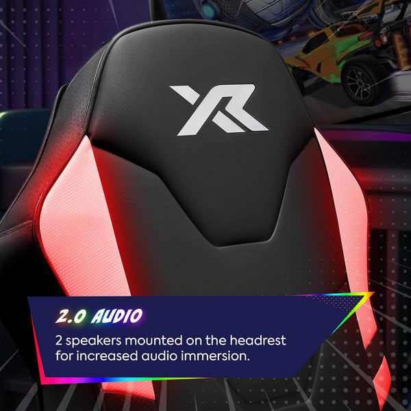 Gaming chair headrest with 'XR' logo and 2.0 audio feature text.