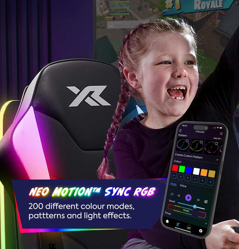 Child using a gaming chair with RGB lighting and smartphone app interface.