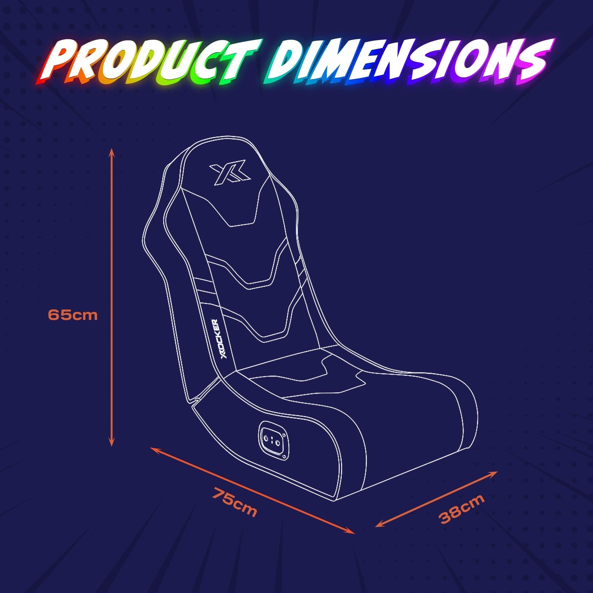 Gaming chair dimensions on a blue background with product name above