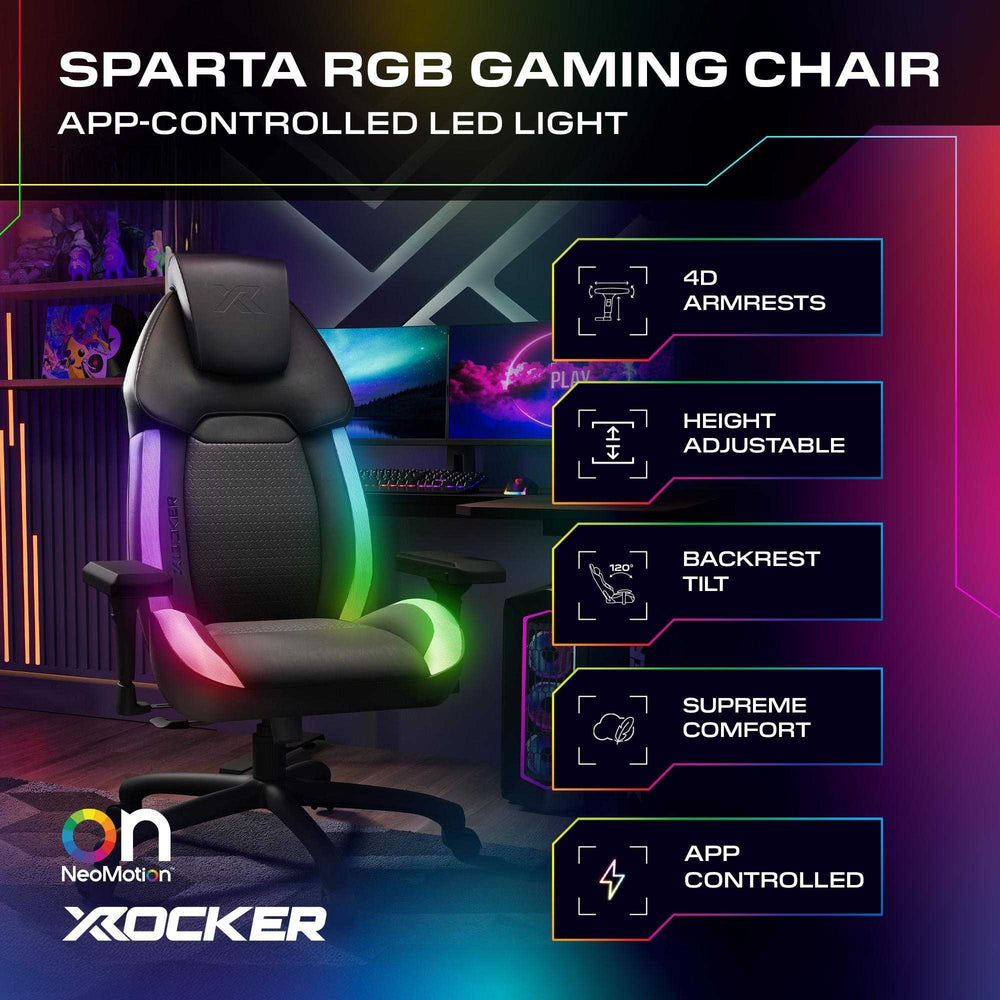 Sparta RGB gaming chair with app-controlled LED light features and branding.