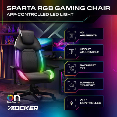 Sparta RGB gaming chair with app-controlled LED light features and branding.