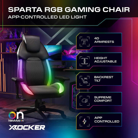 Sparta RGB gaming chair with app-controlled LED light features and branding.