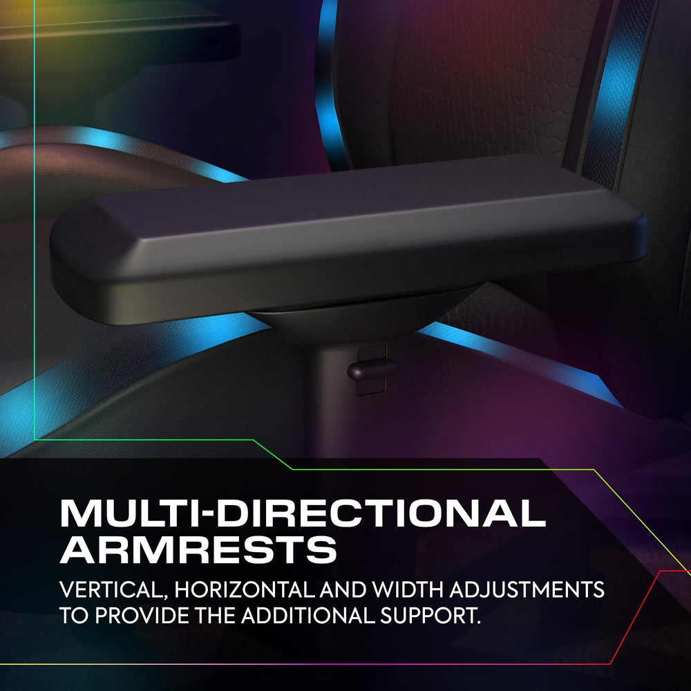 Gaming Chair with multi-directional armrests and text highlighting adjustable features.