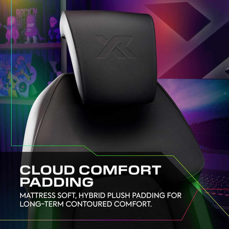 Gaming chair with cloud comfort padding feature highlighted on a colorful gaming setup background.