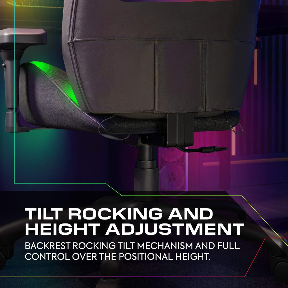 Gaming chair with tilt rocking and height adjustment features on a dark background