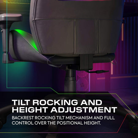 Gaming chair with tilt rocking and height adjustment features on a dark background